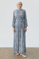 Şal Desenli Kuşaklı Elbise - İndigo TUGBA