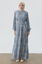 Şal Desenli Kuşaklı Elbise - İndigo TUGBA