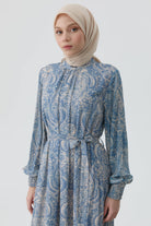 Şal Desenli Kuşaklı Elbise - İndigo TUGBA