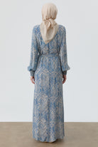 Şal Desenli Kuşaklı Elbise - İndigo TUGBA