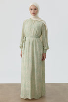 Şal Desenli Kuşaklı Elbise - Mint TUGBA