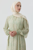 Şal Desenli Kuşaklı Elbise - Mint TUGBA
