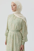 Şal Desenli Kuşaklı Elbise - Mint TUGBA