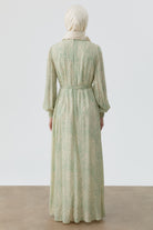 Şal Desenli Kuşaklı Elbise - Mint TUGBA