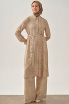 Şal Desenli Kuşaklı Tunik - Bej TUGBA