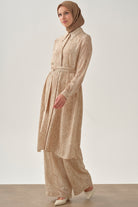 Şal Desenli Kuşaklı Tunik - Bej TUGBA