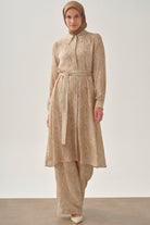 Şal Desenli Kuşaklı Tunik - Bej TUGBA