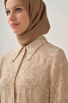Şal Desenli Kuşaklı Tunik - Bej TUGBA