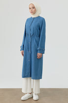 Sıfır Yaka Bel Bağcıklı Denim Kap - Açık Mavi TUGBA