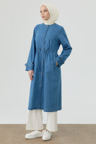 Sıfır Yaka Bel Bağcıklı Denim Kap - Açık Mavi TUGBA