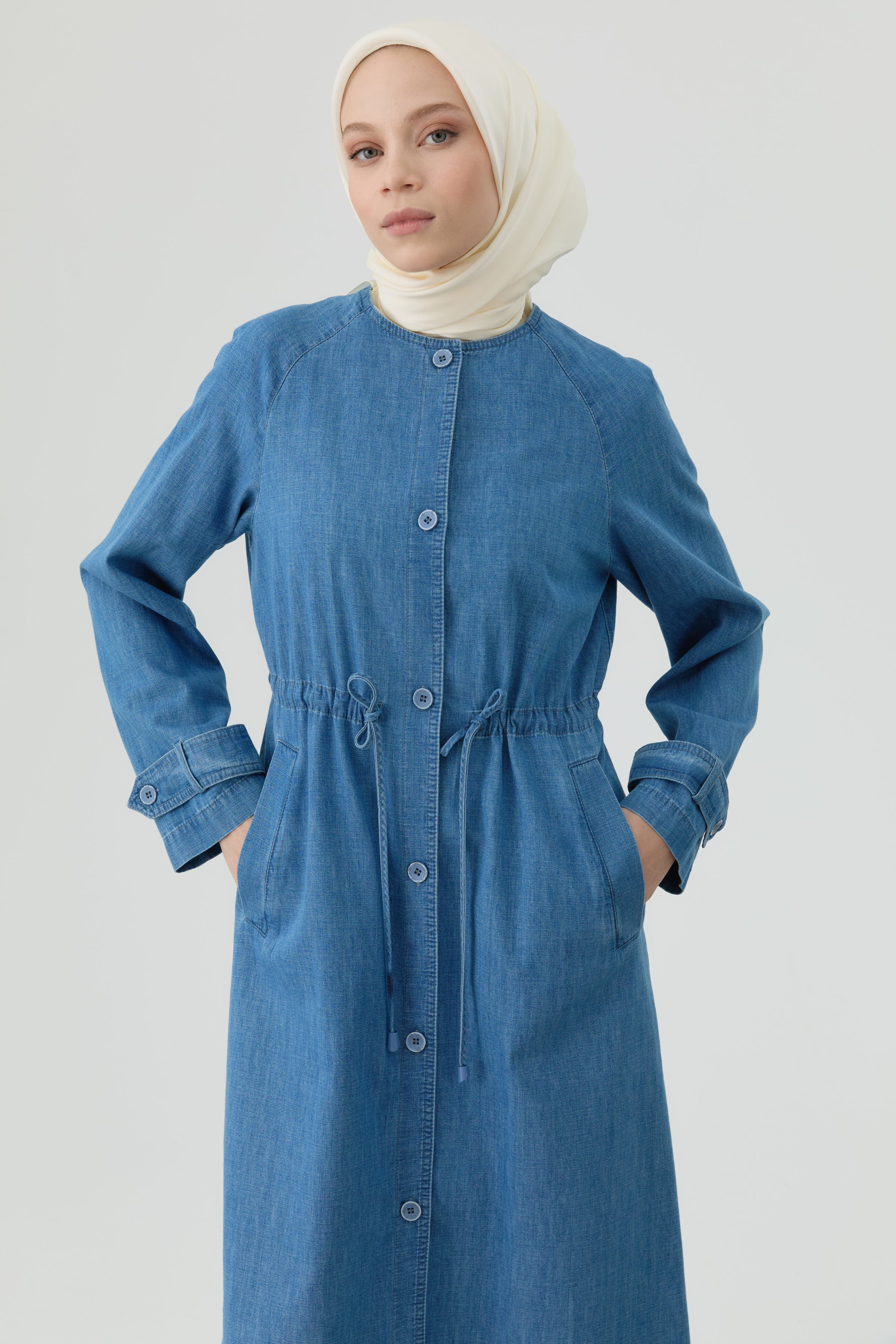 Sıfır Yaka Bel Bağcıklı Denim Kap - Açık Mavi – TUĞBA