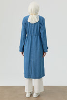 Sıfır Yaka Bel Bağcıklı Denim Kap - Açık Mavi TUGBA