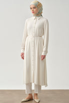 Şifon Garnili Beli Kemerli Uzun Tunik - Ekru TUGBA