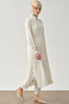 Şifon Garnili Beli Kemerli Uzun Tunik - Ekru TUGBA