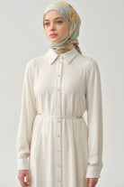 Şifon Garnili Beli Kemerli Uzun Tunik - Ekru TUGBA