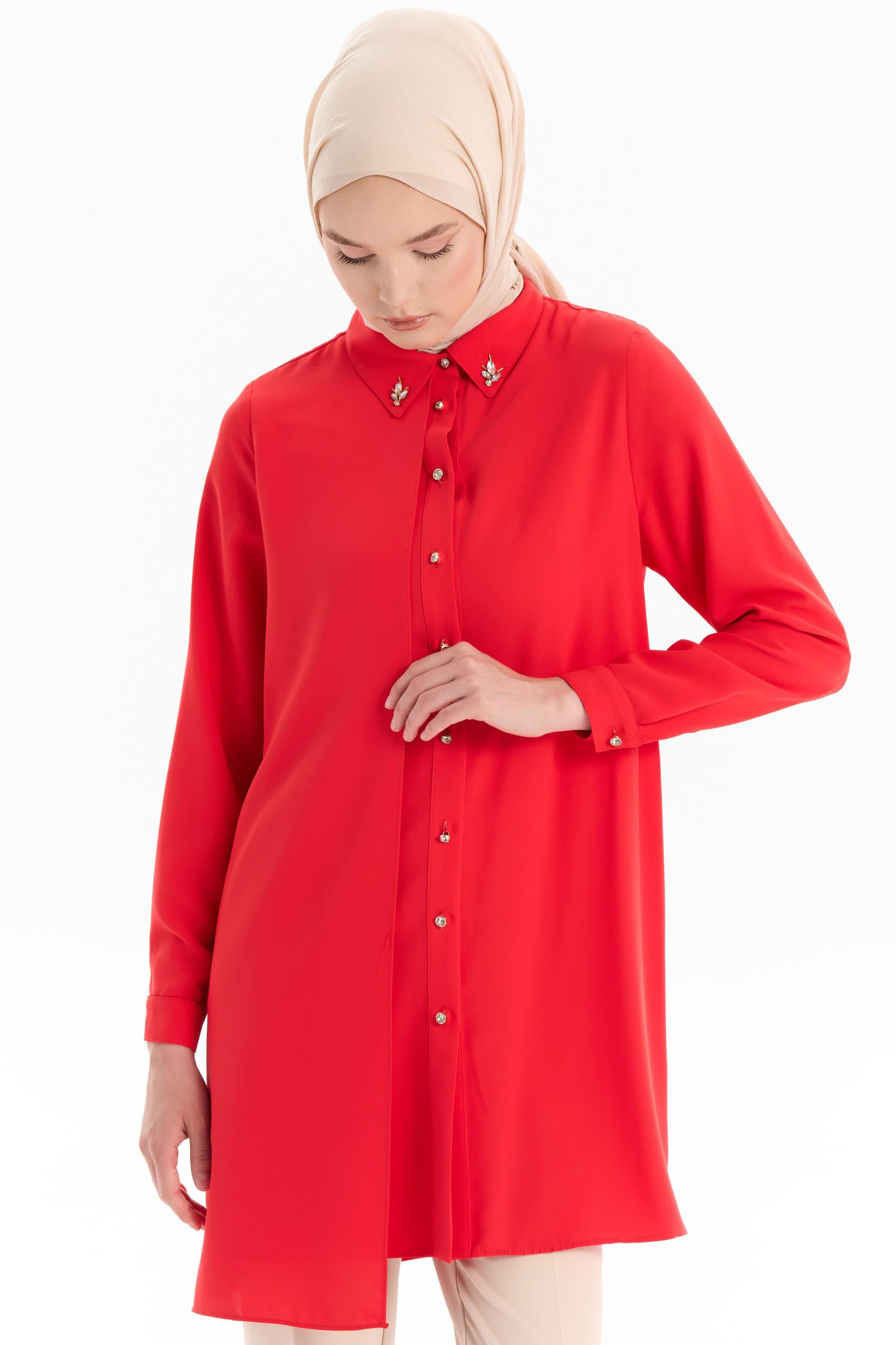 Taş Aksesuarlı Şık Tunik - Mercan TUGBA