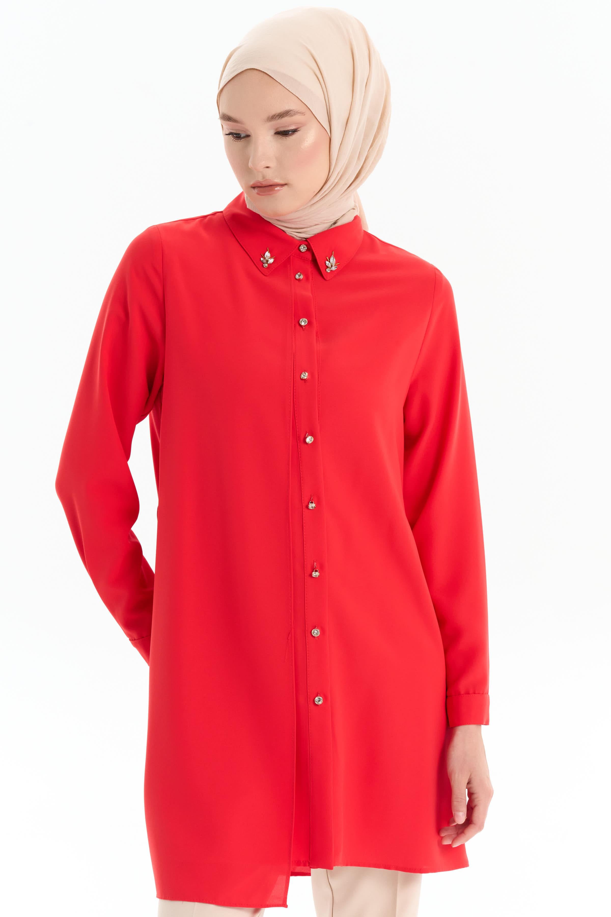 Taş Aksesuarlı Şık Tunik - Mercan TUGBA