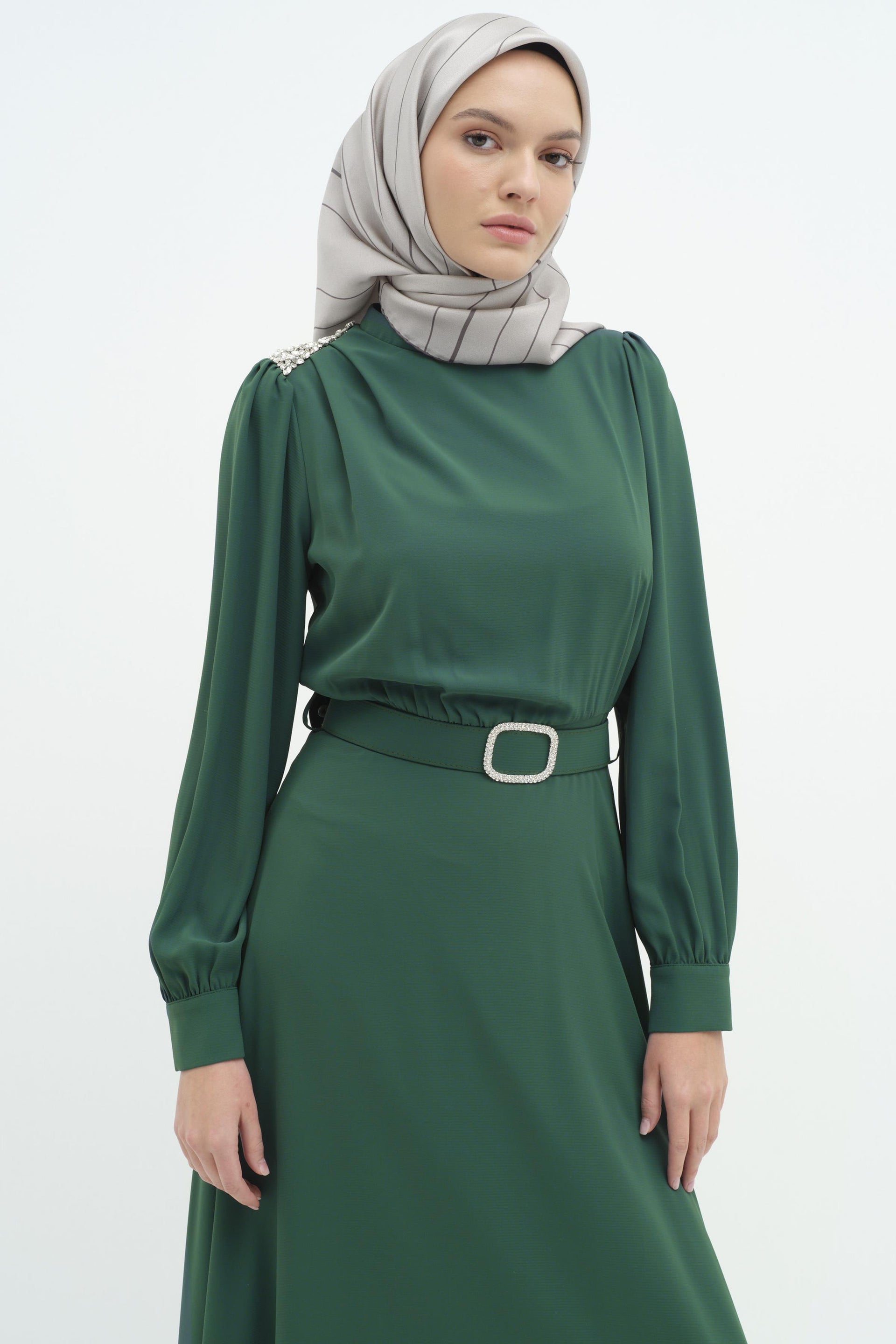 Stone Detailed Belted Dress