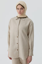 Ters Kapamalı Keten Gömlek - Bej TUGBA