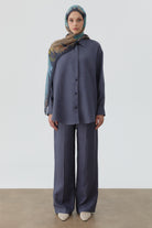 Ters Kapamalı Keten Gömlek - İndigo TUGBA