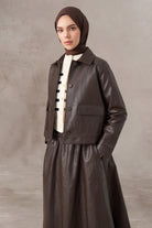 Kısa Deri Ceket - Kahve TUGBA