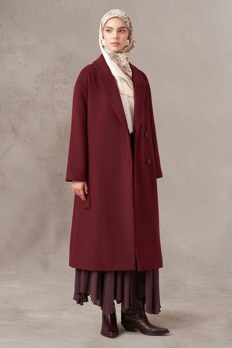 Yün Karışımlı Kuşaklı Kaban - Bordo TUGBA