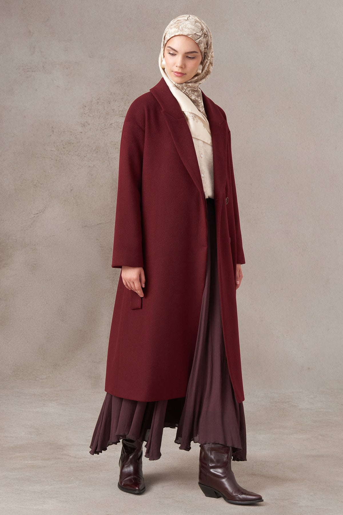 Wool Blend Belted Coat - Burgundy