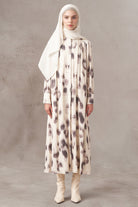 Fırça Desenli Elbise - Krem TUGBA