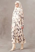 Fırça Desenli Elbise - Krem TUGBA