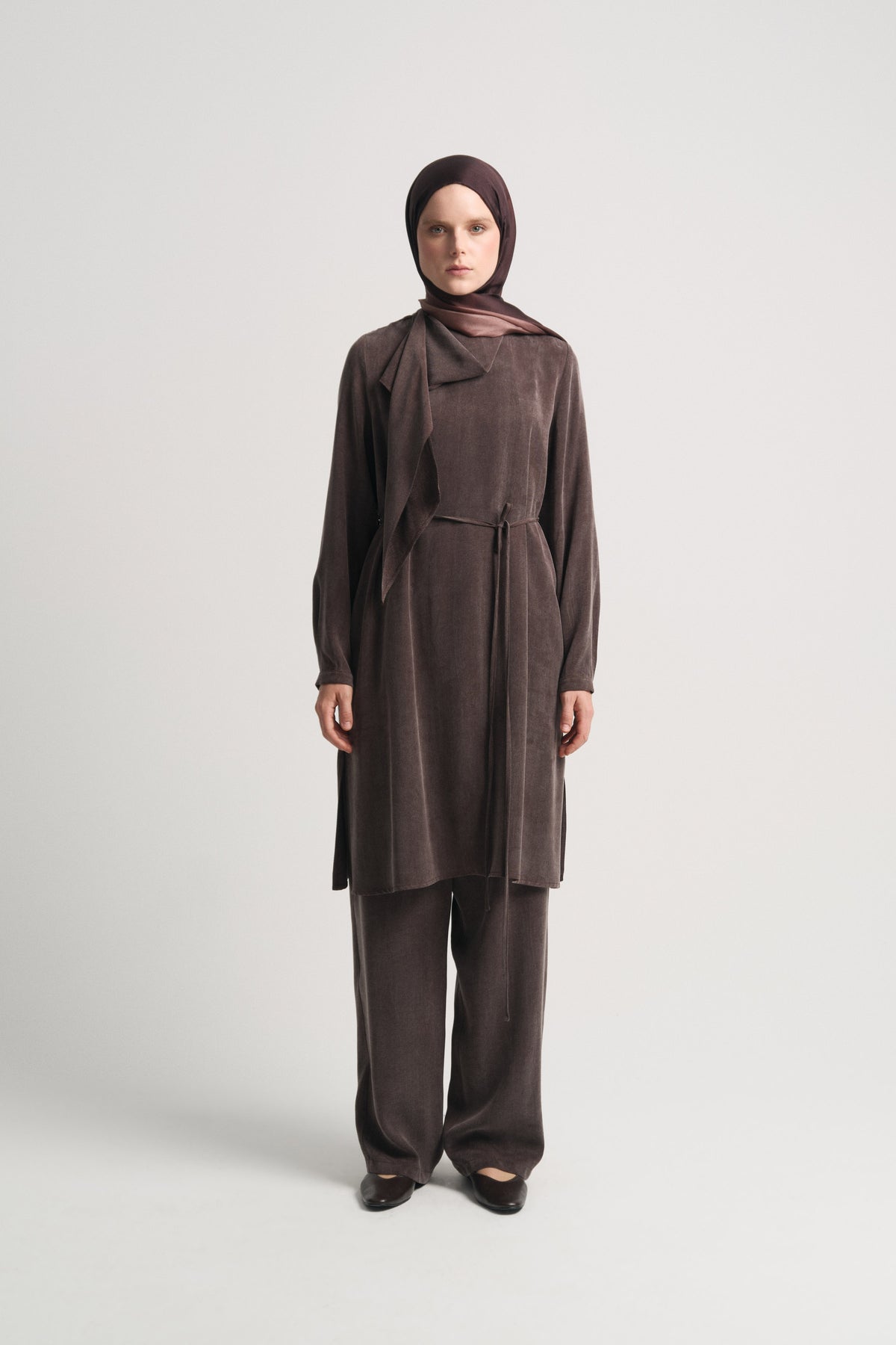 Lyocell Şal Yaka Tunik - Kahve