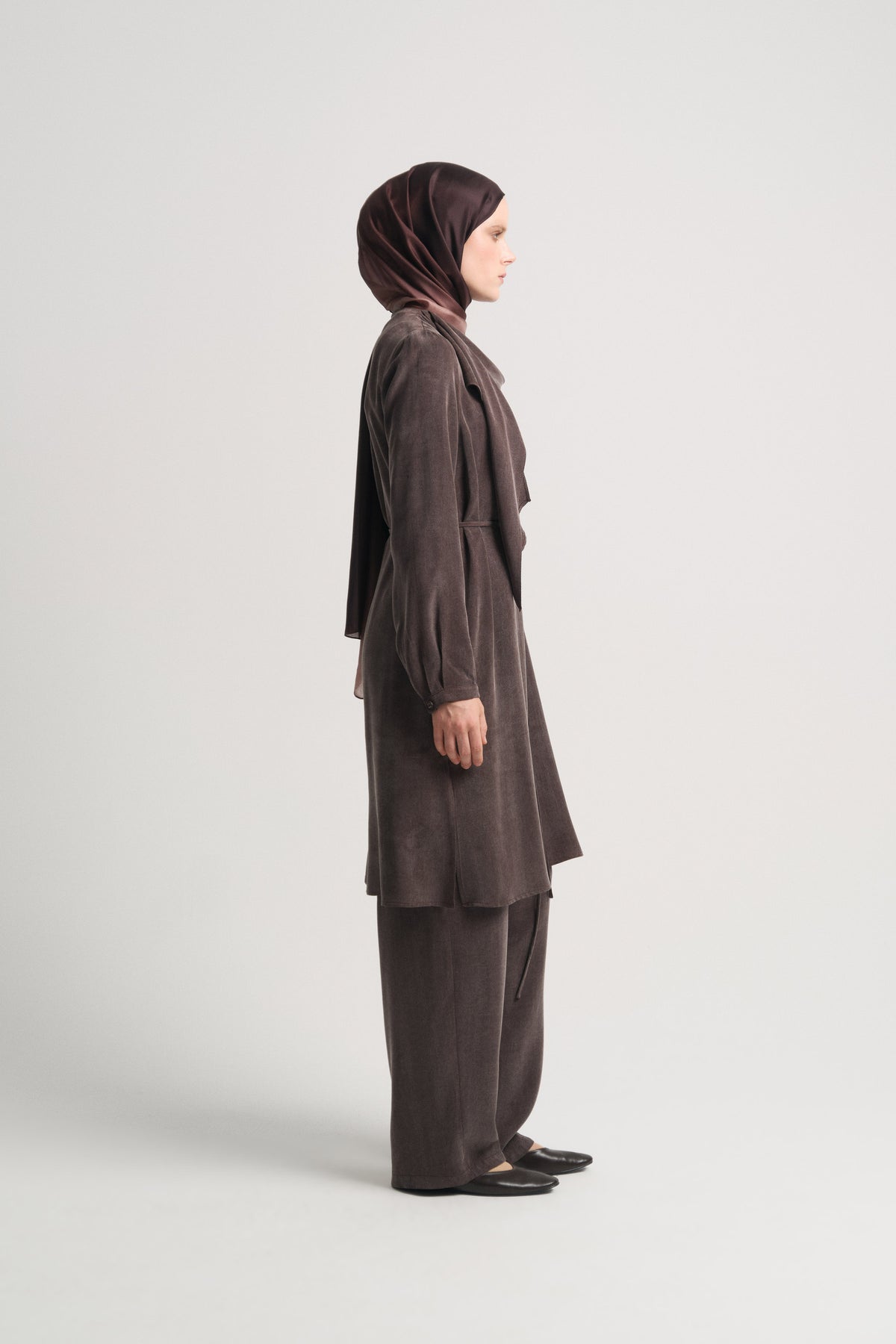 Lyocell Şal Yaka Tunik - Kahve
