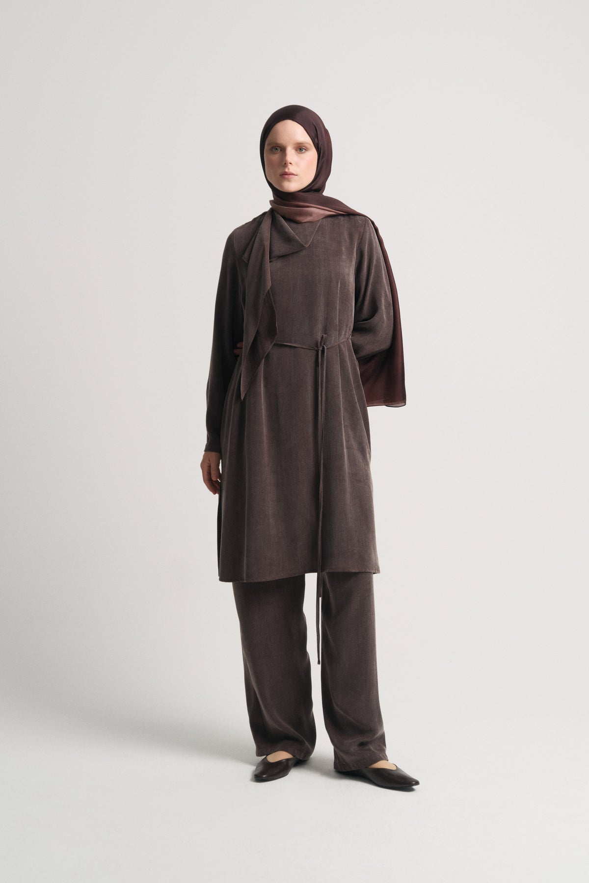 Lyocell Şal Yaka Tunik - Kahve