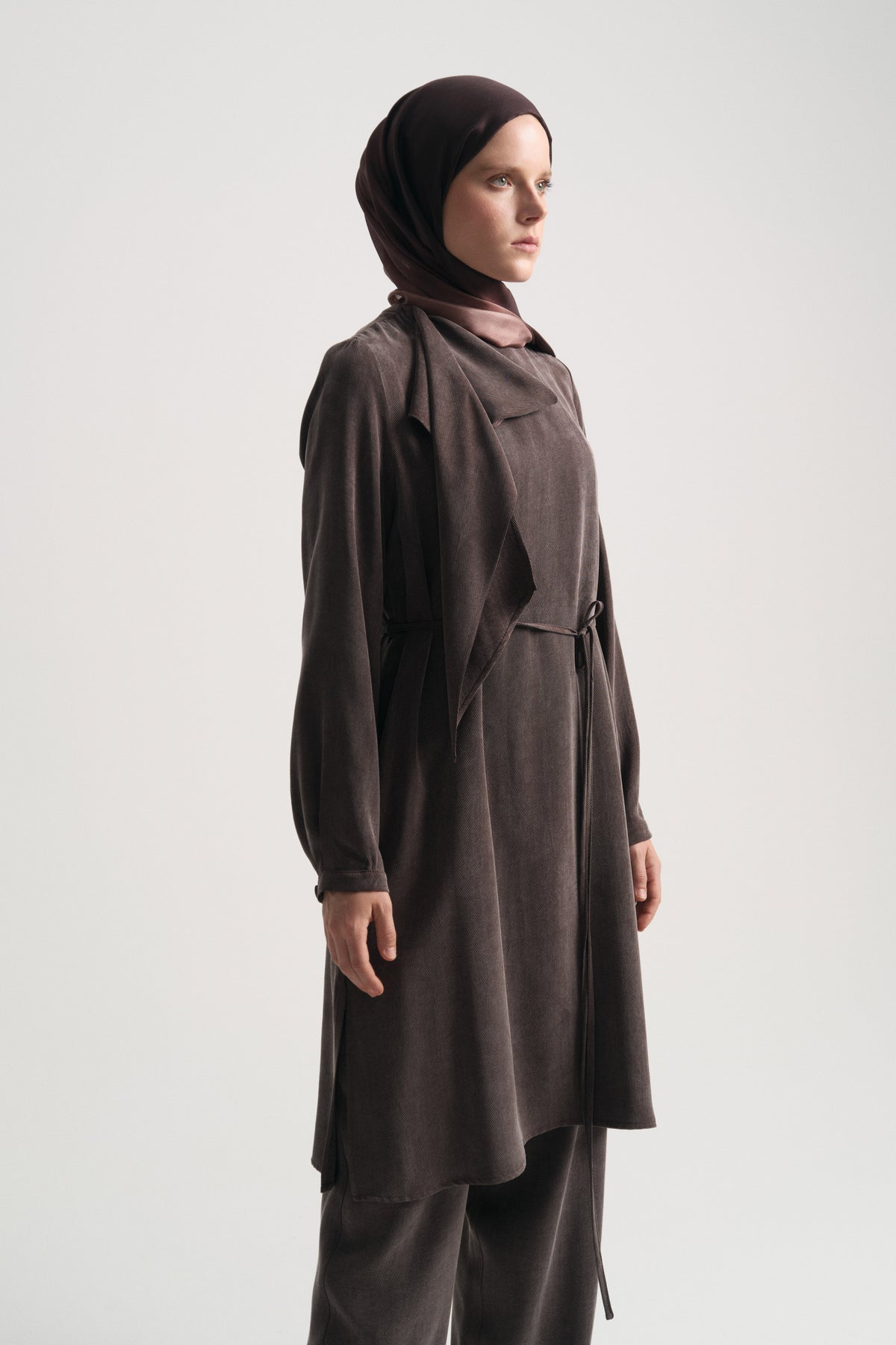 Lyocell Şal Yaka Tunik - Kahve
