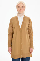 V Yaka Düğmeli Hırka - Camel TUGBA
