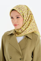 Vektörel Çiçek Desen Twill İpek Eşarp - Fıstık Yeşili TUGBA