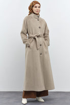 Dik Yakalı Beli Kuşaklı Manto - Vizon TUGBA