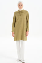 Yaka Bağcıklı Nervür Detaylı Tunik - Olive TUGBA