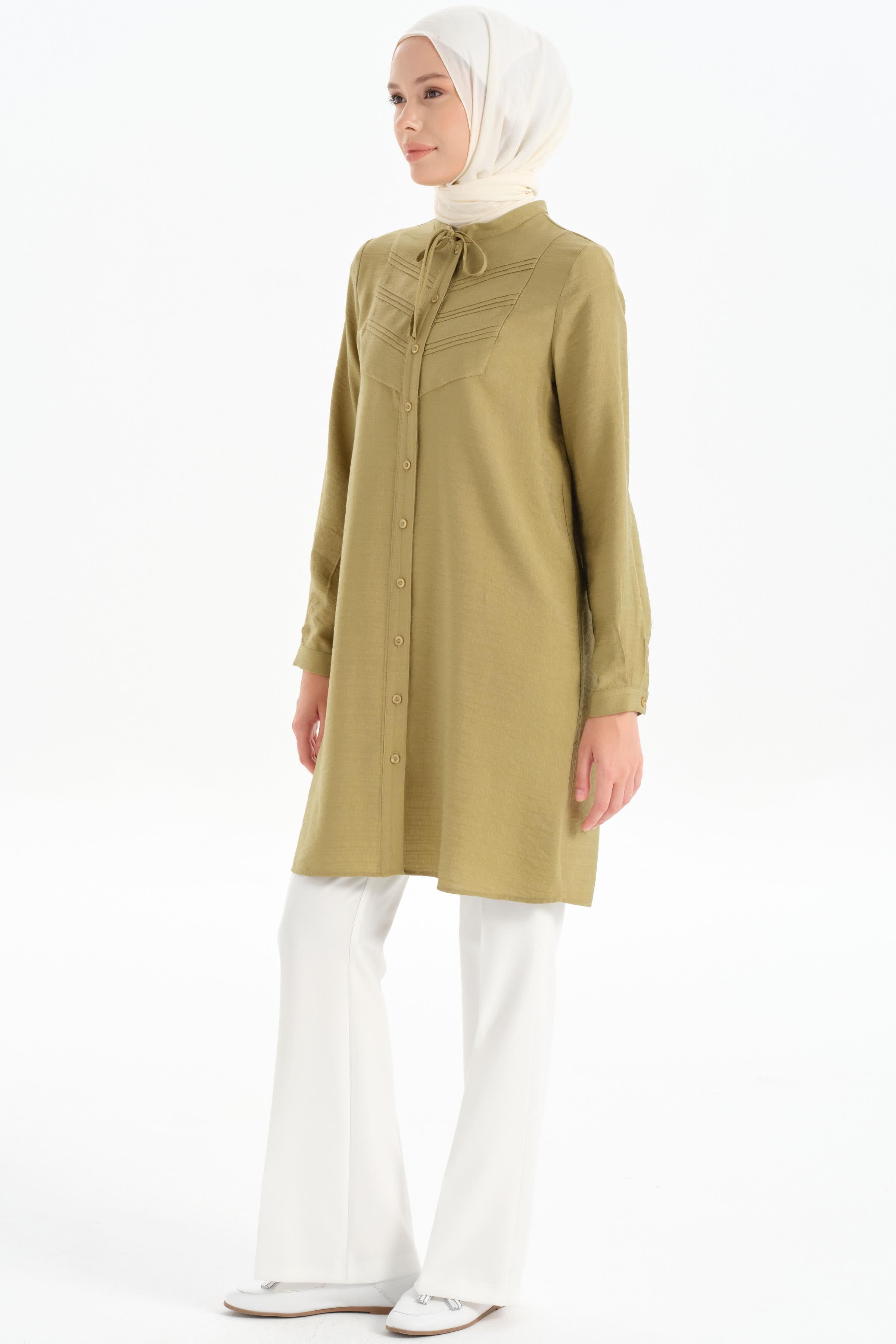 Yaka Bağcıklı Nervür Detaylı Tunik - Olive TUGBA