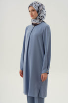 Yaka ve Kolları Pile Broş Detaylı Tunik - Açık Mavi TUGBA