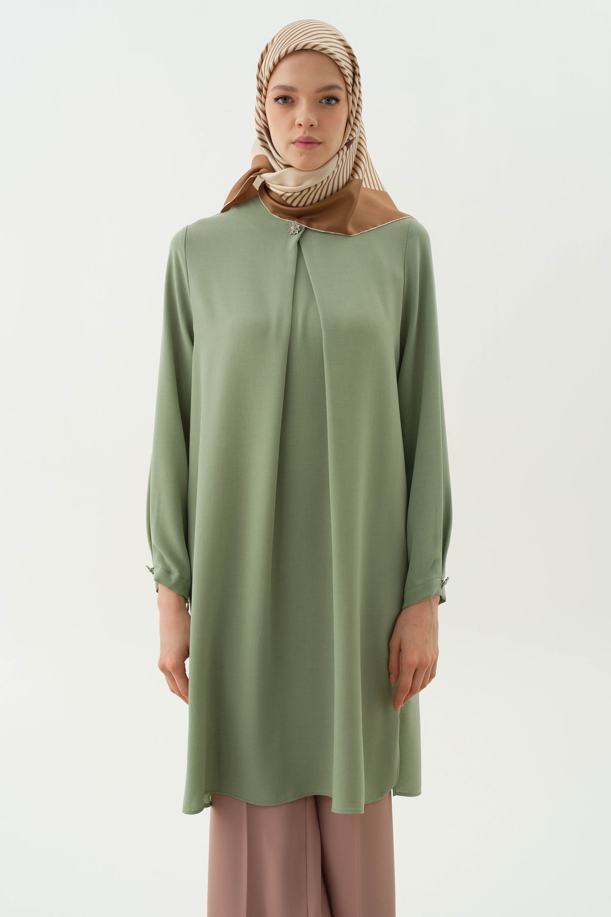Tunic with Pleated Brooch Detail on Collar and Sleeves - Aqua Green