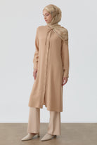 Yakası Bağcıklı Pileli Tunik - Bej TUGBA