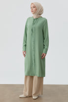 Yakası Bağcıklı Pileli Tunik - Su Yeşili TUGBA