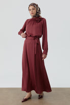 Yakası Broşlu Bluz Etek Takım - Bordo TUGBA