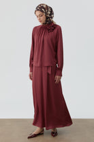 Yakası Broşlu Bluz Etek Takım - Bordo TUGBA