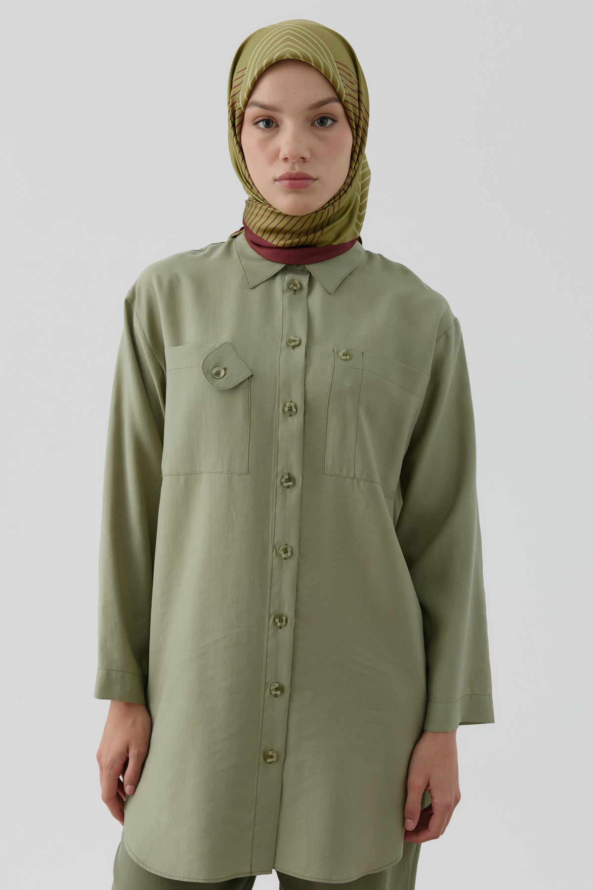 Yansıma Twill İpek Eşarp - Olive TUGBA