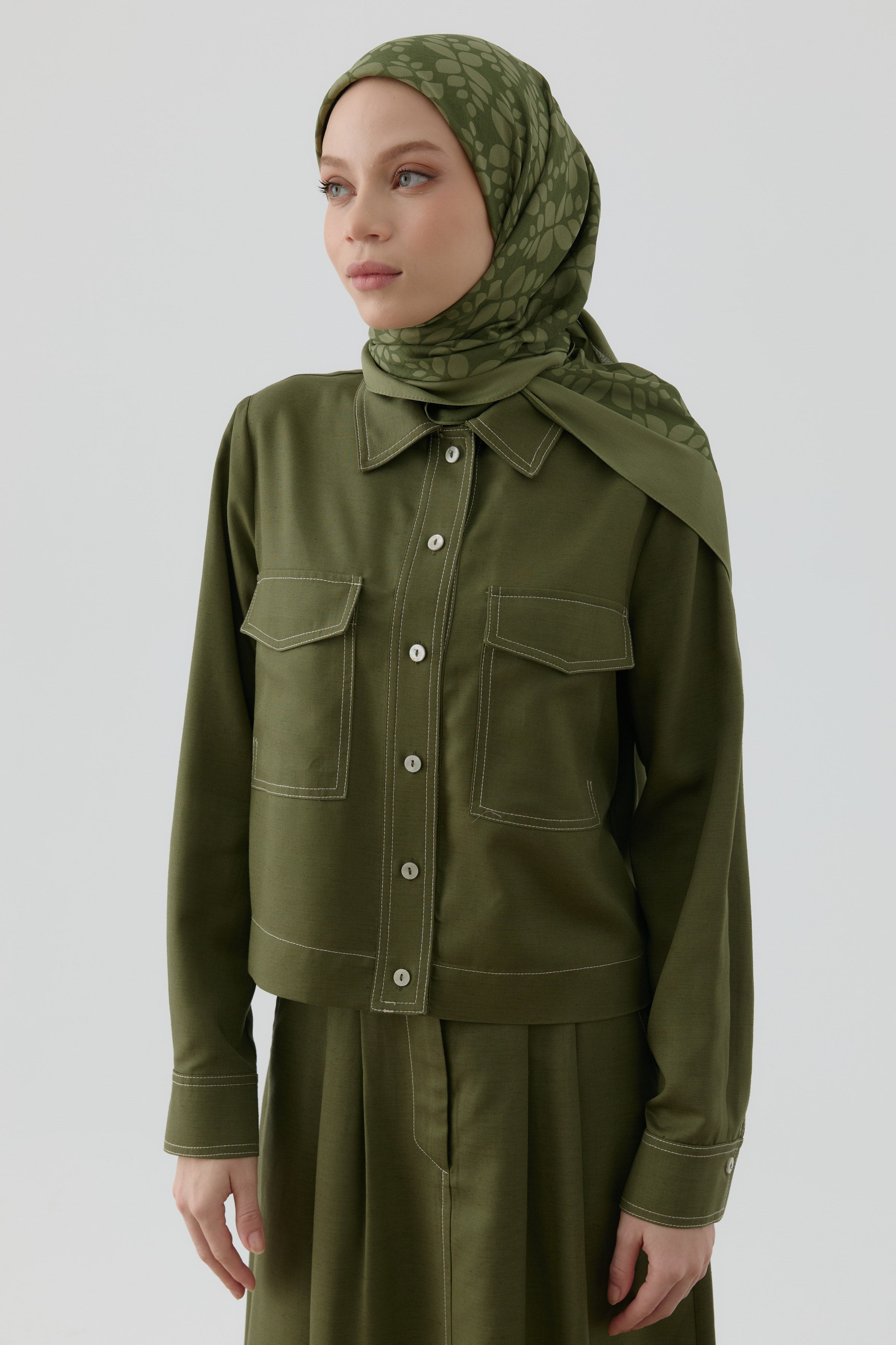 Yaprak Desen Stil Eşarp - Haki TUGBA