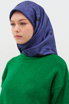 Yaprak Desenli Twill İpek Eşarp - Mavi TUGBA