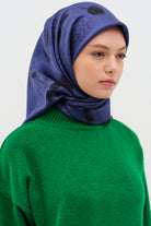 Yaprak Desenli Twill İpek Eşarp - Mavi TUGBA