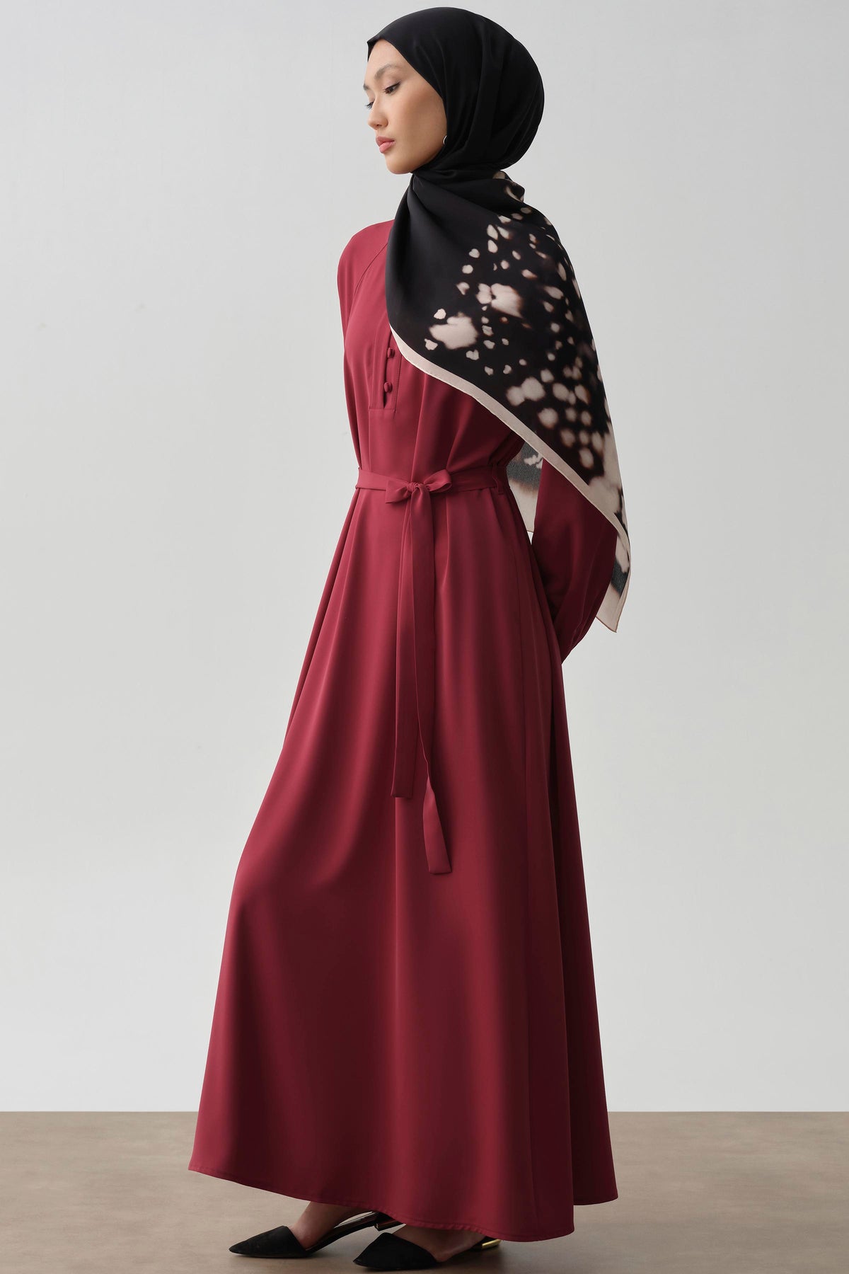 Half Placket Belted Dress - Red