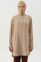 Yarım Patlı Asimetrik Tunik - Bej TUGBA